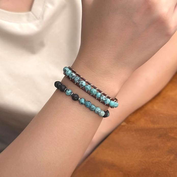KELITCH Turquoise Mix Beaded Bracelets Single Wrap Bracelet on Brown Leather Handwoven New Jewelry
