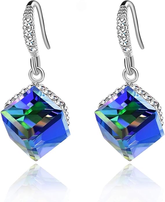 Austrian Crystal Cube Drop Dangle Earrings for Women 14K Gold Plated Hypoallergenic Jewelry