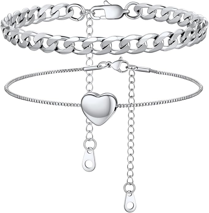 U7 2Pcs/3Pcs Ankle Bracelets for Women, Stainless Steel Cuban Link/Figaro/Rope/Heart Chain Anklets Sets,Waterproof Layered Anklets Adjustable 8.5"-10.5"
