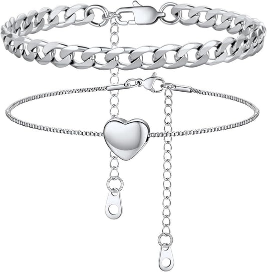 U7 2Pcs/3Pcs Ankle Bracelets for Women, Stainless Steel Cuban Link/Figaro/Rope/Heart Chain Anklets Sets,Waterproof Layered Anklets Adjustable 8.5"-10.5"