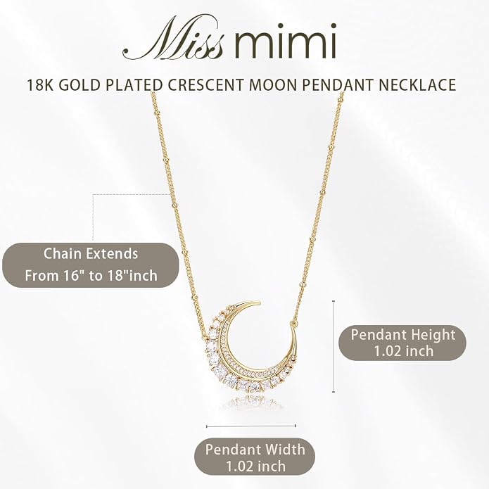 Miss mimi CZ Pendant Necklace, Golden Yellow Princess Cut or Crescent Moon, 18K Gold Plated, Adjustable 16” or 18 + 2”in Chain, Celestial & November Birthstone Citrine Style