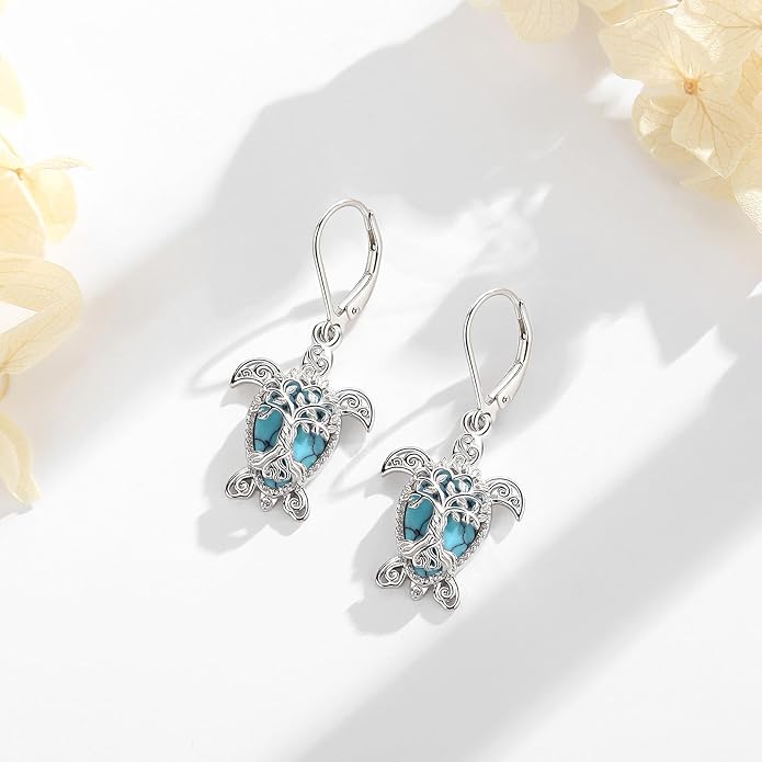 Vito 925 Sterling Silver Teardrop Earrings for Women, Moonstone Turquoise Drop Dangle Earrings Cat Snake Turtle Tree of Life Leverback Earrings Boho Jewelry Gift for Mom Wife