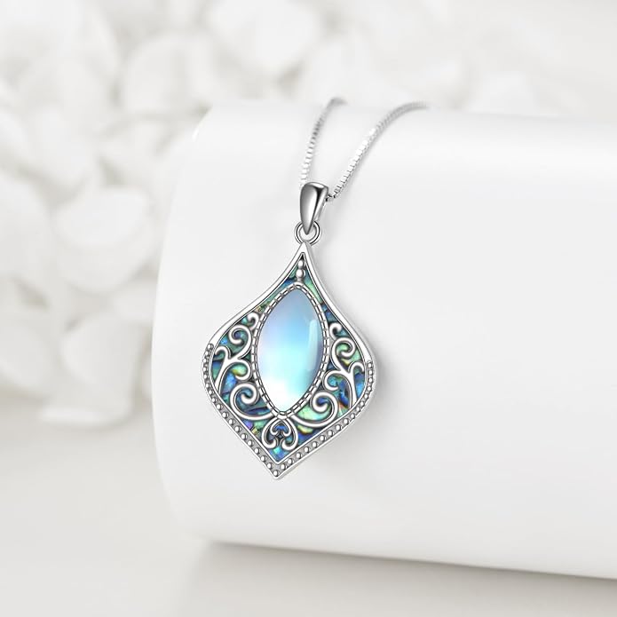 ONEFINITY Filigree Moonstone Necklace 925 Sterling Silver Bohemian Irish Celtic Necklace Abalone Shell Filigree Jewelry Gifts For Women
