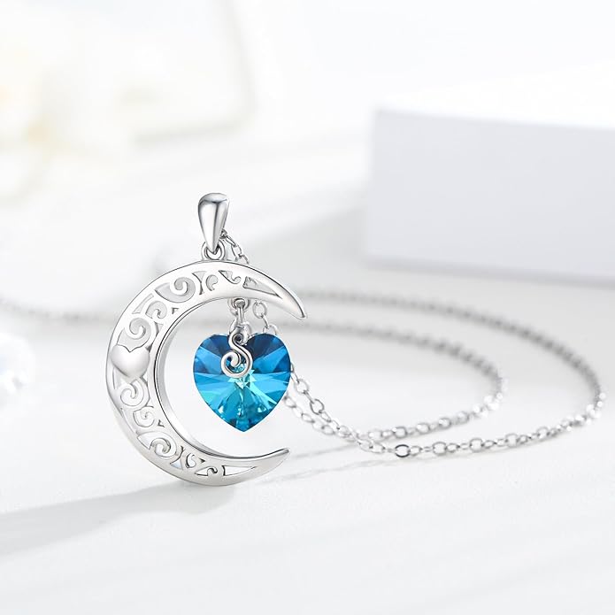 TRISHULA Crescent Moon Necklace 925 Sterling Silver Eye of Horus Animal Moon Pendant with Heart Crystal Birthday Jewelry Gift for Women Christmas Gifts for Her