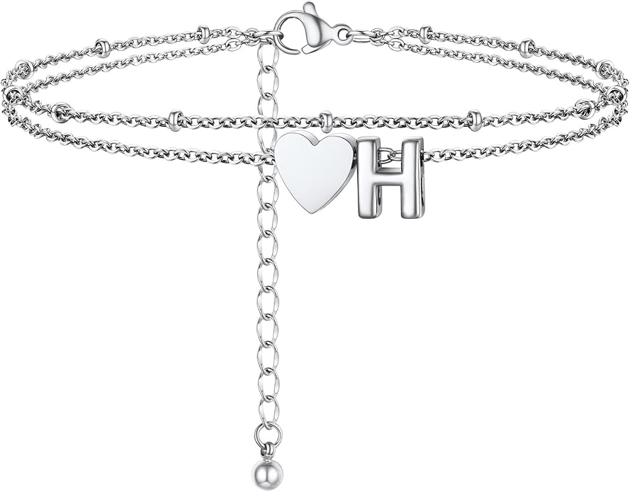 Initial Ankle Bracelets for Women, Dainty Stainless Steel Letter A-Z Layered Anklets, Heart Ankle Bracelet 8.5"-10.5" Adjustable, Summer Beach Jewelry, Come with Box