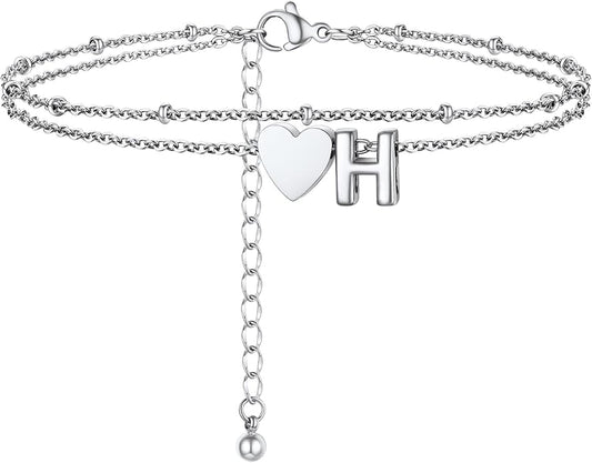 Initial Ankle Bracelets for Women, Dainty Stainless Steel Letter A-Z Layered Anklets, Heart Ankle Bracelet 8.5"-10.5" Adjustable, Summer Beach Jewelry, Come with Box