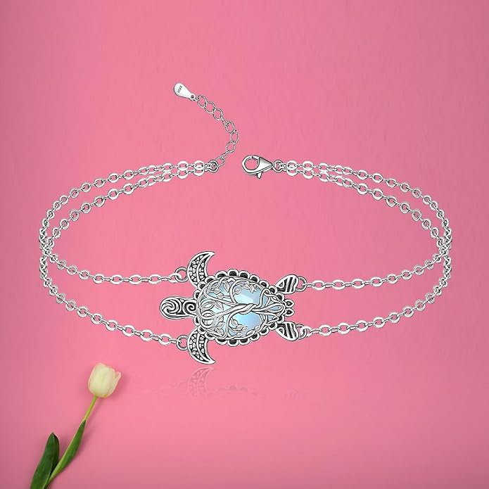 Fenthring Turtle Anklet S925 Sterling Silver Blue Opal Sea Turtle Ankle Bracelets for Women Infinity Wave Ocean Beach Summer Foot Bracelet Jewelry Layered Adjustable