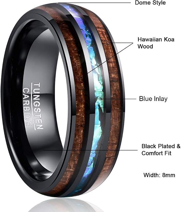 Vakki 6mm/8mm Tungsten Rings for Men Hawaiian Koa Wood Inlay Dome Abalone Shell/Blue Center Wedding Bands Comfort Fit Size 4 to 17