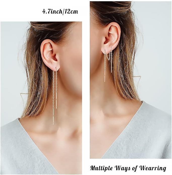 3 Pairs Threader Earrings 925 Sterling Silver Long Chain Earrings Bar/Ball Wrap Threader Drop Earrings for Women Lightweight Minimalist Mother's Day Jewelry Set