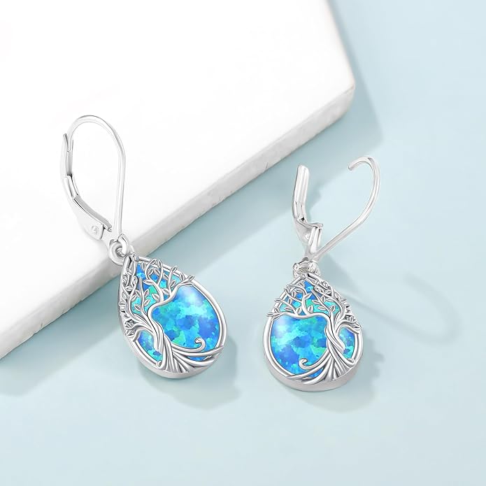 Odinstone 925 Sterling Silver Earrings Tree of Life Teardrop Moonstone Dangle Drop Leverback Earrings for Women