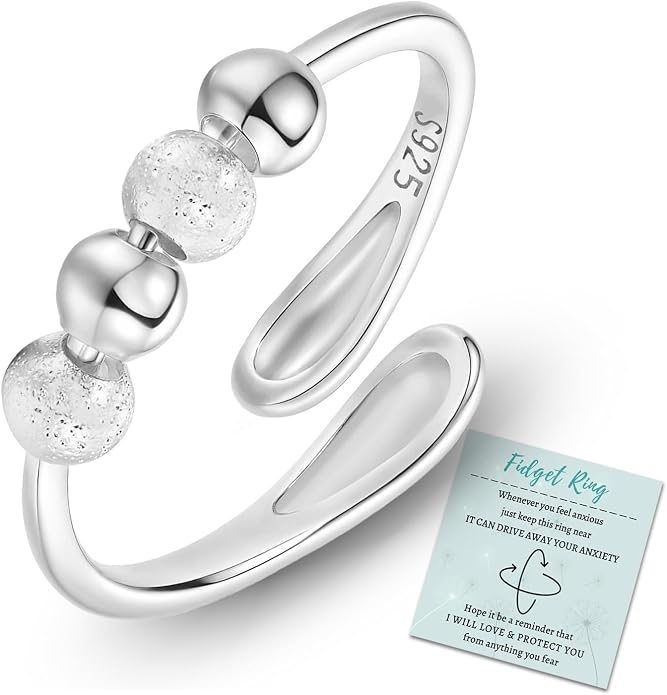 HEEYA Anxiety Rings for Women,Sterling Silver Rings to my Daughter,Adjustable Stress Spinner Ring with Beads,Anxiety Fidget Ring for Women,Thumb Jewelry for Birthday,Christmas with Gift Card