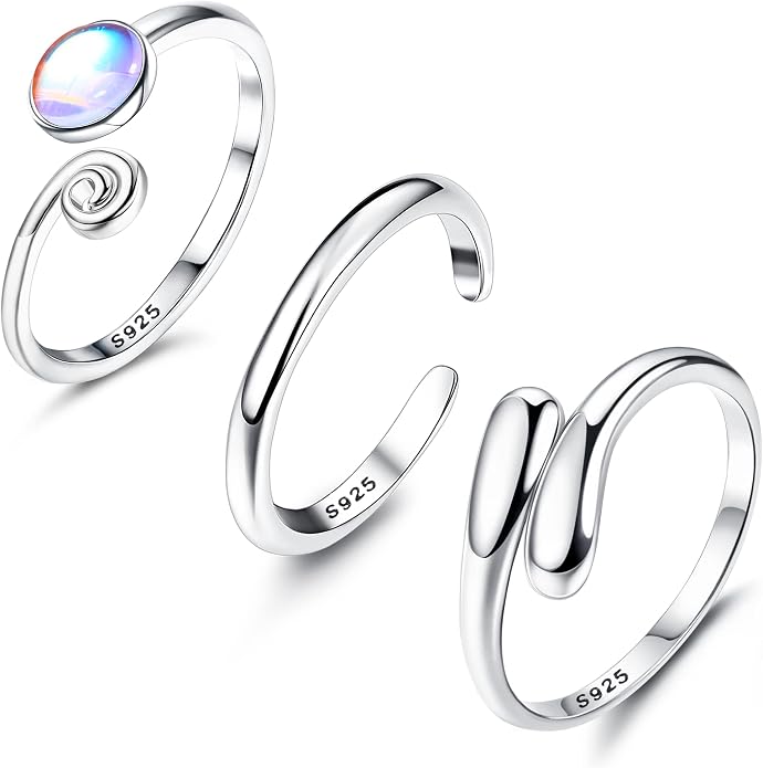 MILACOLATO 3pcs Toe Rings Set Solid 925 Sterling Silver Open Band Rings Comfort-Fit Adjustable Toe Rings for Women Turquoise Moonstone Summer Barefoot Jewelry