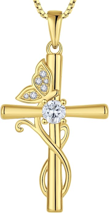 STARCHENIE Butterfly Cross Necklace 925 Sterling Silver Crucifix Pendant Birthstone Jewelry for Women