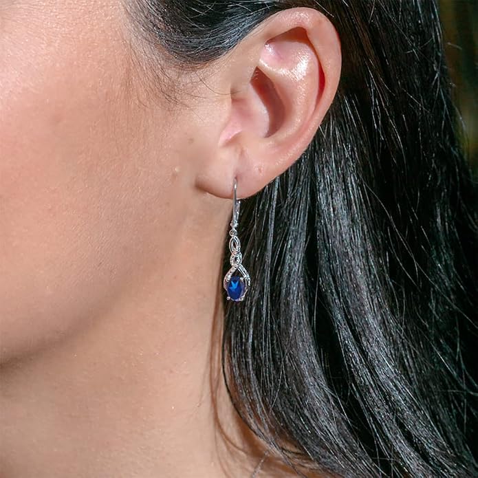 Lab Created Blue Sapphire Earrings Diamond Accent in Sterling Silver - Lever Backs
