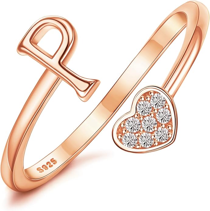 MILACOLATO 925 Sterling Silver Initial Rings for Women Teen Girl 18K Gold Plated Heart Initial Rings Adjustable Capital Letter Ring Stackable Thumb Pinky Rings for Daughter Birthday Bridesmaid Gifts Jewelry, A to Z
