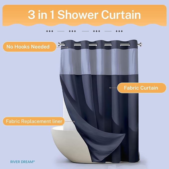 River Dream Heavyweight No Hooks Required Dotted Waffle Weave Shower Curtain with Snap in Liner -Extra Long 71W x 86H,Hotel Grade,Spa Like Bath Curtain,Navy