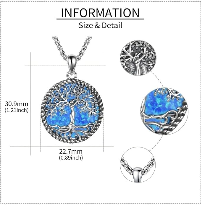Tree of Life Necklace 18K White Gold Plated Turquoise/Pearl Shell/Malachite/Abalone Shell/Blue Opal/Black Onyx Tree Necklace Jewelry Gift for Women Men,22+2"