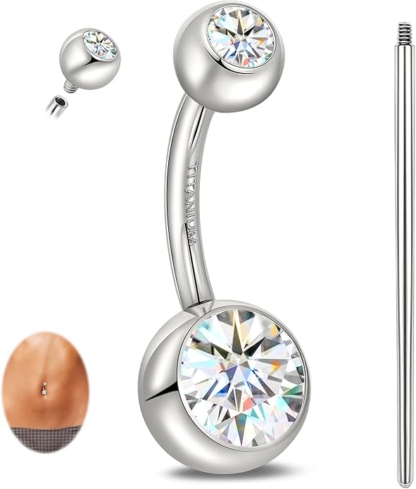 limerencia Moissanite Belly Button Ring, G23 Titanium Hypoallergenic Internally Threaded Navel Jewelry, Curved Dangle Belly Ring Piercing Jewelry for Women, Men