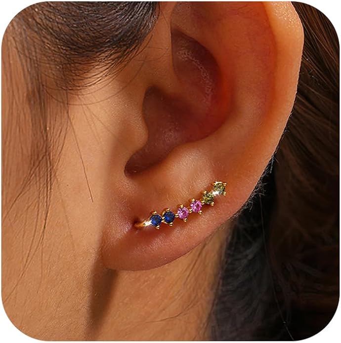 Dainty Colorful Cubic Zirconia Ear Climbers Earrings for Women 925 Sterling Silver 14K Gold Plated Rainbow Gemstone Crawler Earrings Stud Earring Hypoallergenic Ear Clips Wedding Graduation Jewelry Gifts