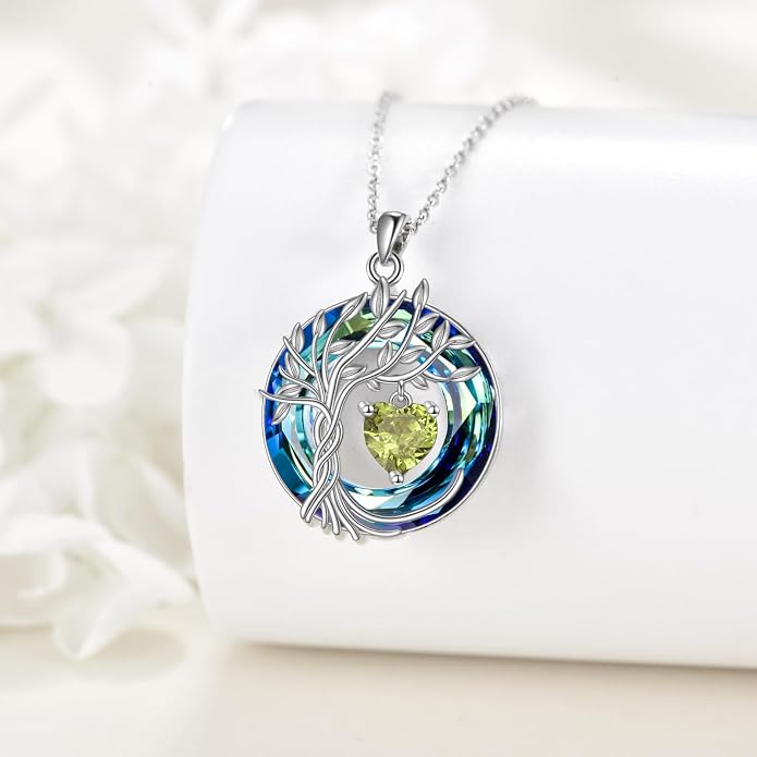 POPLYKE Mothers Day Gifts for Mom Her Wife Tree of Life Necklace 925 Sterling Silver Birthstone Pendant with Crystal Anniversary Birthday Wedding Jewelry for Women