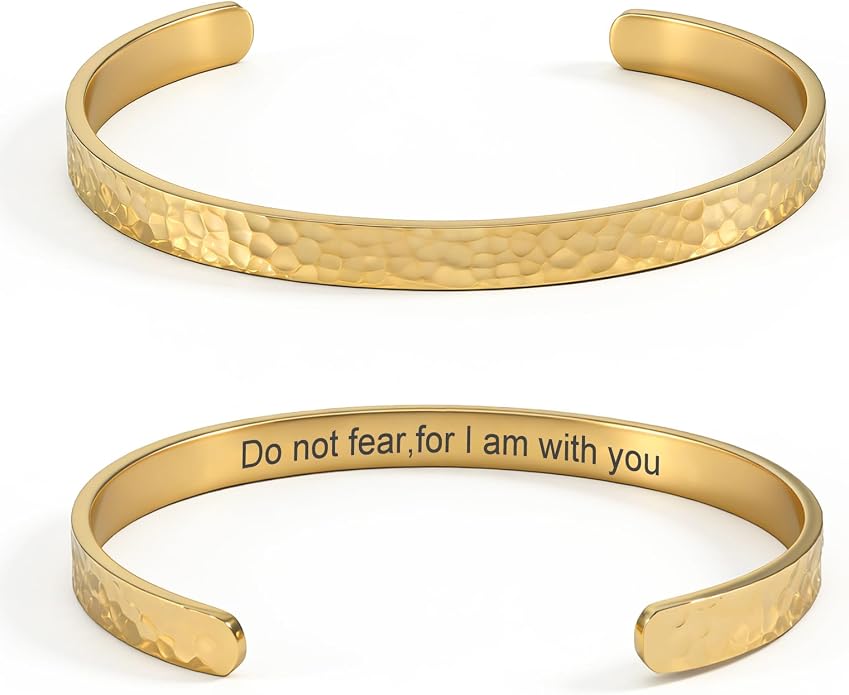 Inspirational Bible Verse Cuff Bracelet for Women, 18K Gold Plated Hammered Bangle, Christian Faith Jewelry Gift, Adjustable Non Tarnish