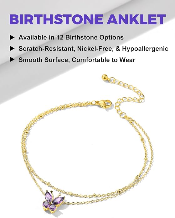 Richsteel Double Layer Heart/Butterfly Birthstone Anklet for Women Non Tarnish Waterproof, Silver/Gold/Black Stainless Steel 8.5-10.5 Inch Adjustable Chain Anklets Jewelry Gifts for Her