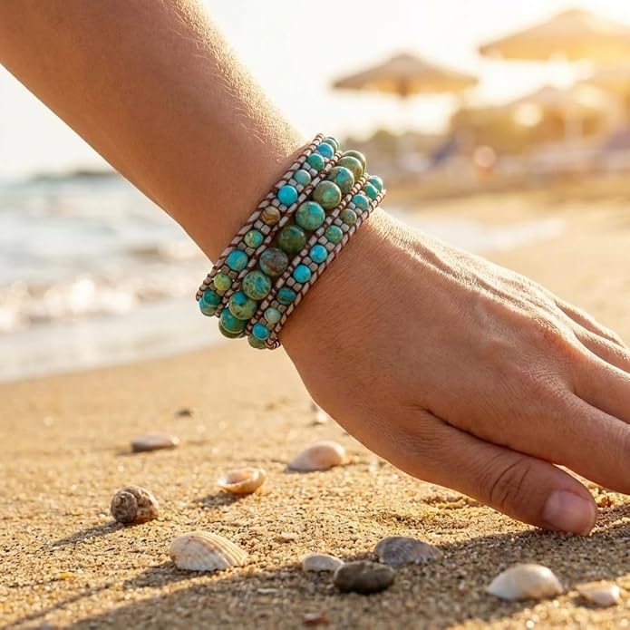 YGLINE Boho Handmade Natural Stone Bead 3 Row Wide Wrap Wrist Statment Bracelet Jewelry Collection