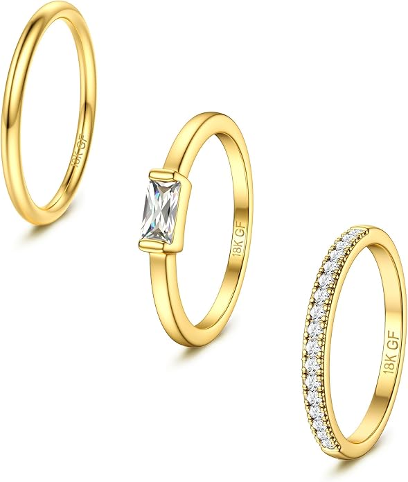 Gold Stackable Birthstone Rings for Women - 18K Gold Filled Non Tarnish Dainty Gold Stacking Rings Set - Cubic Zirconia Thumb Knuckle Ring Wedding Engagement Ring for her Gifts Size 6 7 8 9 10 3pcs
