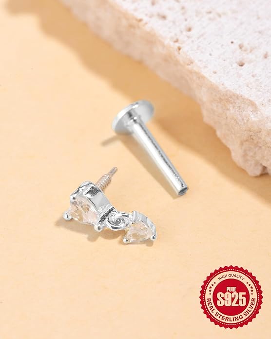 1PC Sterling Silver 925 Flat Back Helix Piercing Jewelry Cartilage Earring for Women 16G Heart CZ Dangle Internally Threaded Tragus Conch Stud Daith Screw Gift