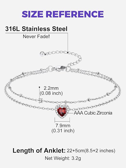 Richsteel Double Layer Heart/Butterfly Birthstone Anklet for Women Non Tarnish Waterproof, Silver/Gold/Black Stainless Steel 8.5-10.5 Inch Adjustable Chain Anklets Jewelry Gifts for Her