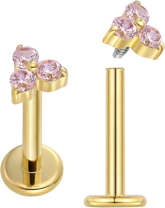 2PCS Titanium Internally Threaded Gem Labret | 16G Flat Back CZ Crystal Stud Earrings | Tragus Helix Cartilage Conch Lip Monroe | Implant Grade Body Piercing Jewelry