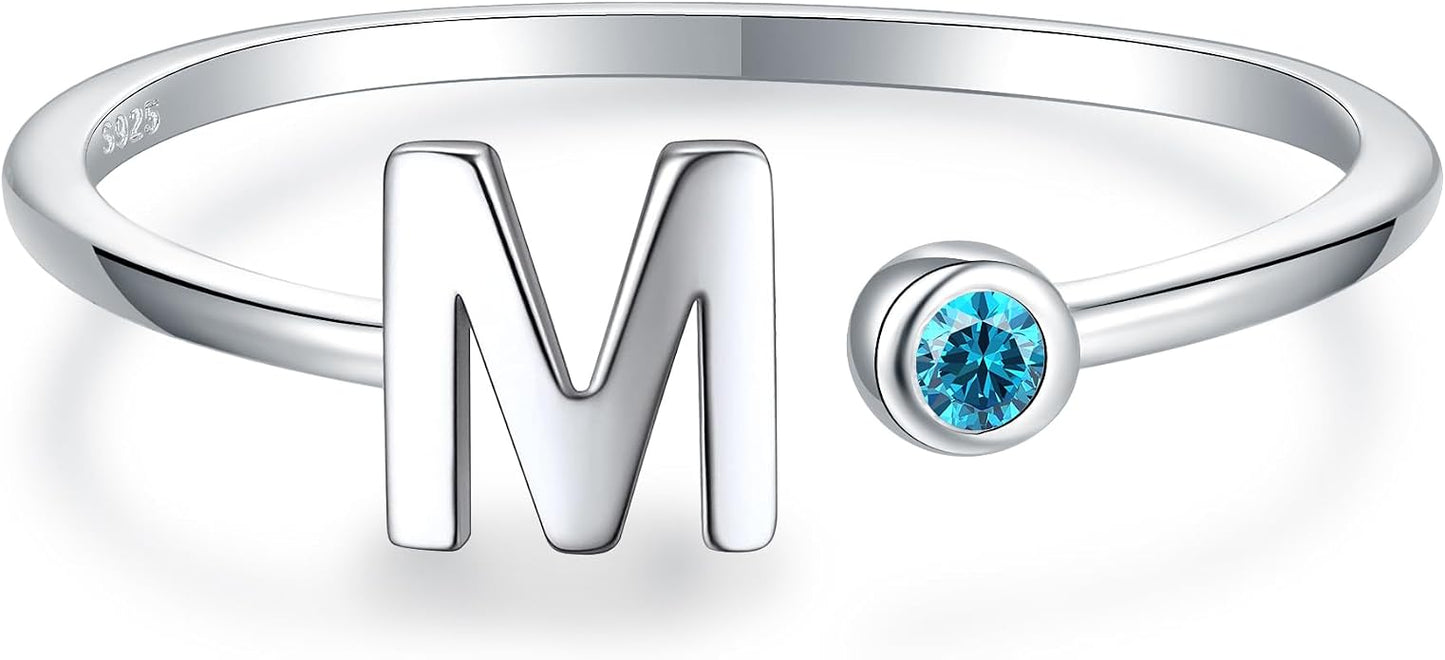 925 Sterling Silver Initial Letter Birthstone Rings for Women Adjustable 1-12 Month Birthstone Alphabet Stacking Ring for Teens Girls Stackable Birthstone Rings Birthday Jewelry Gift for Daughter Mom