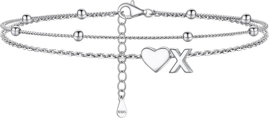 PROSILVER Ankle Bracelets for Women S925 Sterling Silver Anklets for Women Waterproof, Dainty Layered Heart Anklet, Beach Initial Anklet for Summer, Letter A-Z