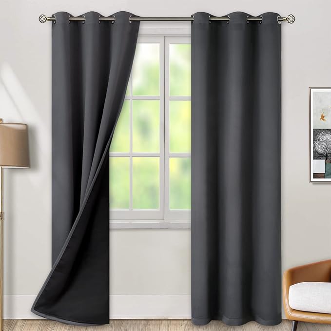 BGment Thermal Insulated 100% Blackout Curtains for Bedroom with Black Liner, Double Layer Full Room Darkening Noise Reducing Grommet Curtain (38 x 84 Inch, Dark Grey, 2 Panels)