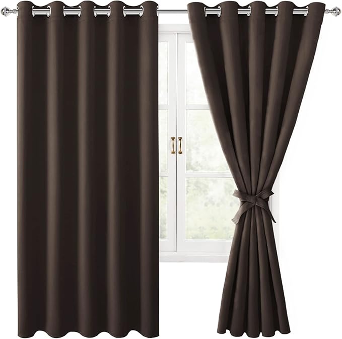 Hiasan Blackout Curtains for Bedroom, 60 x 63 Inches Length - Thermal Insulated & Light Blocking Window Curtains for Living Room, 2 Drape Panels Sewn with Tiebacks, Brown