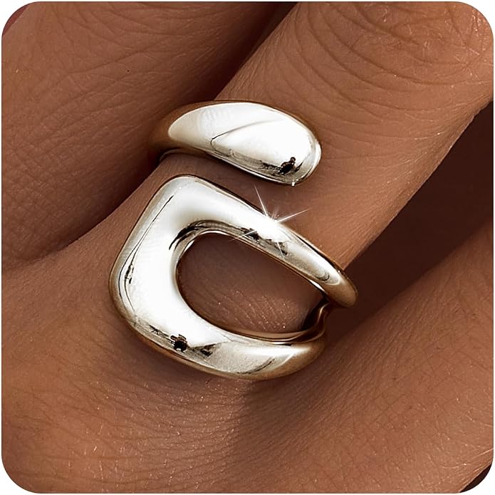 Gelbesty Waterproof Gold Statement Rings for Women, 14K Gold Plated Chunky Open Stackable Rings Non Tarnish Fashion Adjustable Stainless Steel Pinky Knuckle Signet Vintage Ring Jewelry Size 5-11