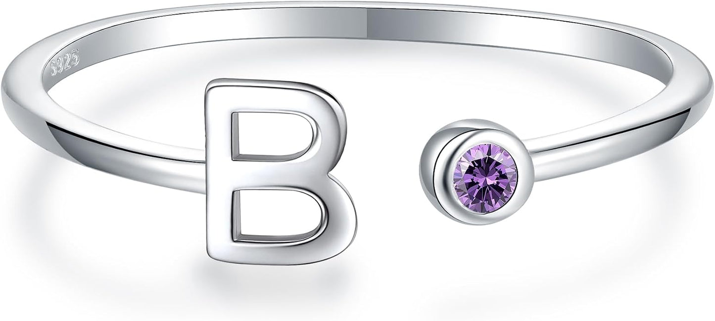 925 Sterling Silver Initial Letter Birthstone Rings for Women Adjustable 1-12 Month Birthstone Alphabet Stacking Ring for Teens Girls Stackable Birthstone Rings Birthday Jewelry Gift for Daughter Mom