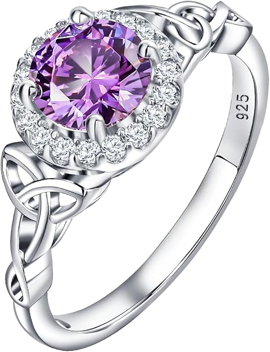 DAYBYDAY Celtic Birthstone Rings for Women 925 Sterling Silver Heart/Round/Pear/Oval Created Gemstone Moissanite Halo Engagement Promise Rings for Her Wife Birthday Anniversary Wedding Jewelry
