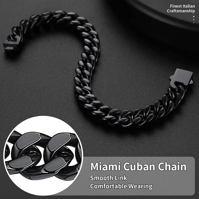 ChainsHouse Stainless Steel Cuban Link Bracelet for Men, 5mm/7mm/9mm/12mm Width, 7.5"/8.3"/9" Length, Black/18K Gold Plated Chain Wrist Bracelets for Men, with Gift Box