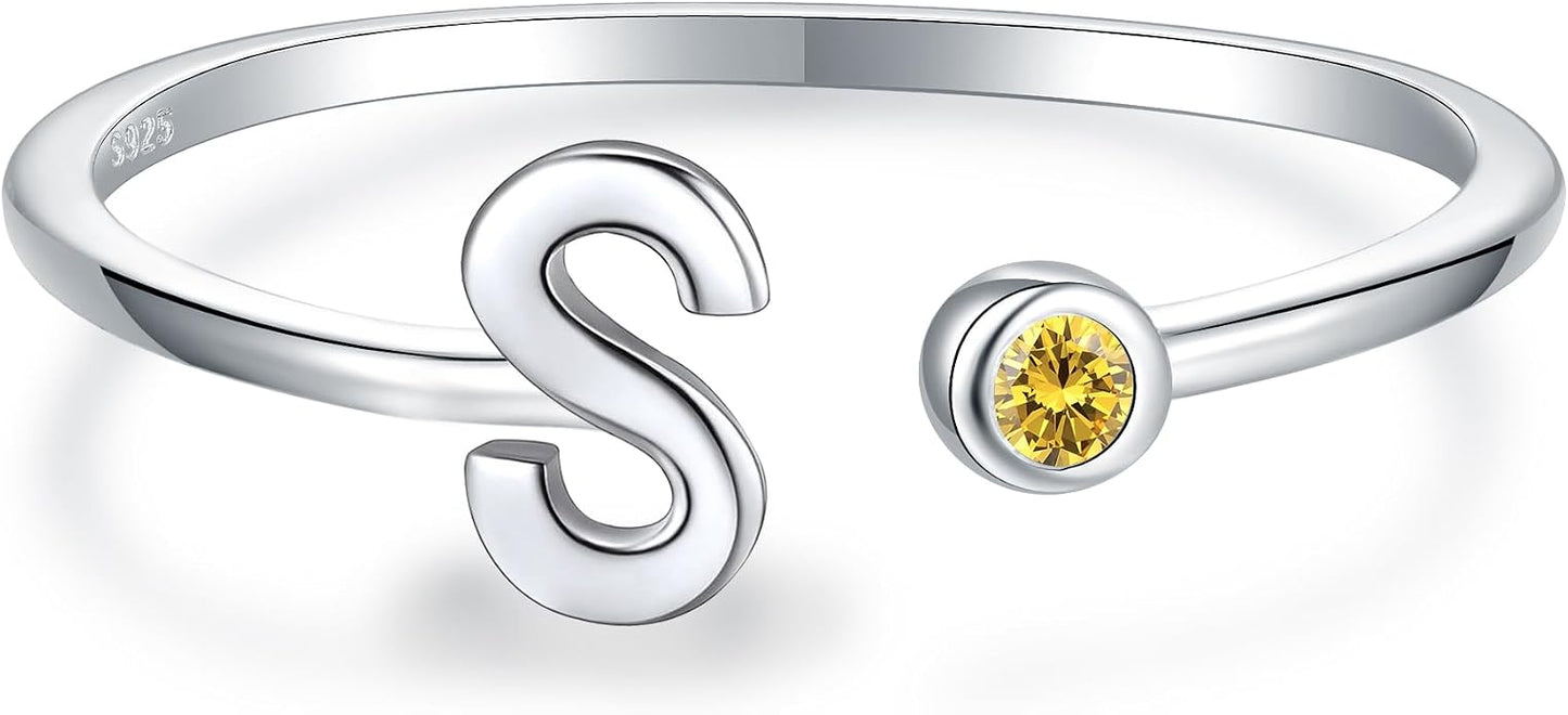 925 Sterling Silver Initial Letter Birthstone Rings for Women Adjustable 1-12 Month Birthstone Alphabet Stacking Ring for Teens Girls Stackable Birthstone Rings Birthday Jewelry Gift for Daughter Mom