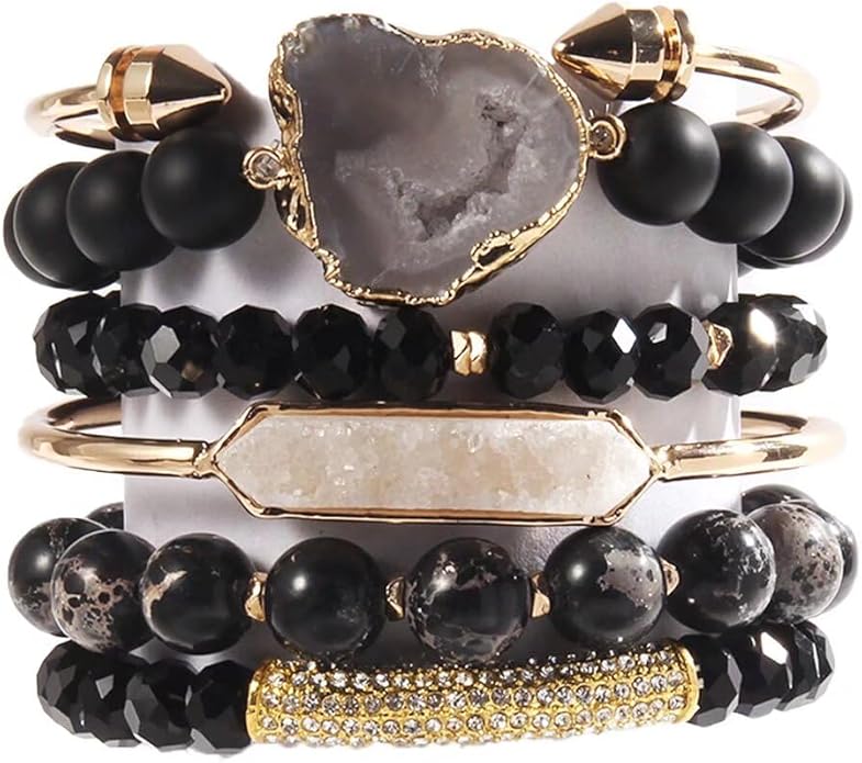 Yomisa 5PCS 6PCS Natural Boho Beaded Bracelets/Bangle for Women Men,Healing Turquoise Jasper Agate Crystal Gemstone Stone Chakra Multilayer Wrap Bohemian Handmade Jewelry Beads Stretch Bracelet Set