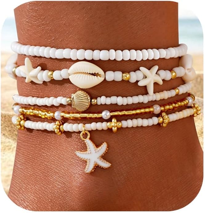 Boho Shell Ankle Bracelet Set for Women, 5 Pairs 14K Boho Bead Handmade Adjustable Anklet, Hawaiian Beach Seashell Starfish Foot Jewelry Gifts
