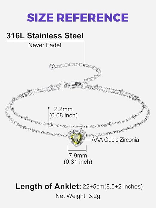 Richsteel Double Layer Heart/Butterfly Birthstone Anklet for Women Non Tarnish Waterproof, Silver/Gold/Black Stainless Steel 8.5-10.5 Inch Adjustable Chain Anklets Jewelry Gifts for Her