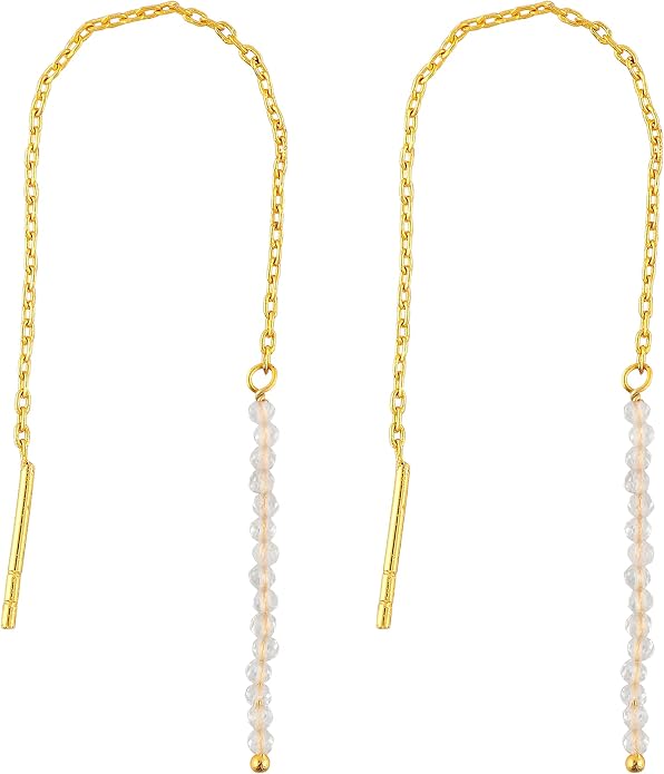 Natural Gemstone Threader Earrings for Women - Dainty 2mm Faceted Beads - Birthstone Crystal Drop Earrings - Silver Plated Healing Jewelry