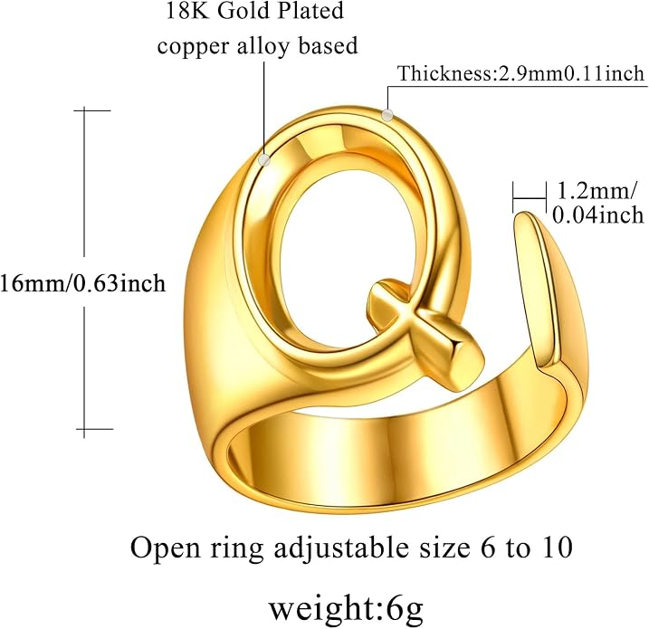 FindChic Customizable Initial Ring Statement 18K Gold Plated Fashion Cuff Rings for Women Alphabet Letter A to Z Resizable Knuckle Ring (with Gift Box)