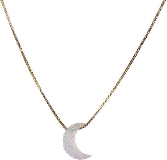 AVNIS White Opal Moon Necklace Crescent Moon Choker Jewelry, Dainty Box chain Length 16+2 Inches extender Gift for Girl Women