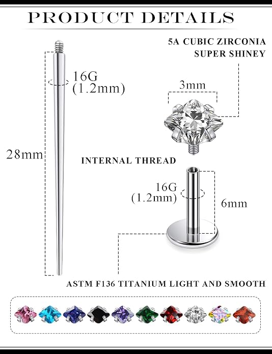 20G 18G 16G Astm F136 Titanium Internal Thread Flat Back Earrings Nose Studs Tragus Helix Conch Cartilage Lobe Earrings Medusa Labret Snake Bite Monroe Lip Ring Piercing Jewelry For Women Men