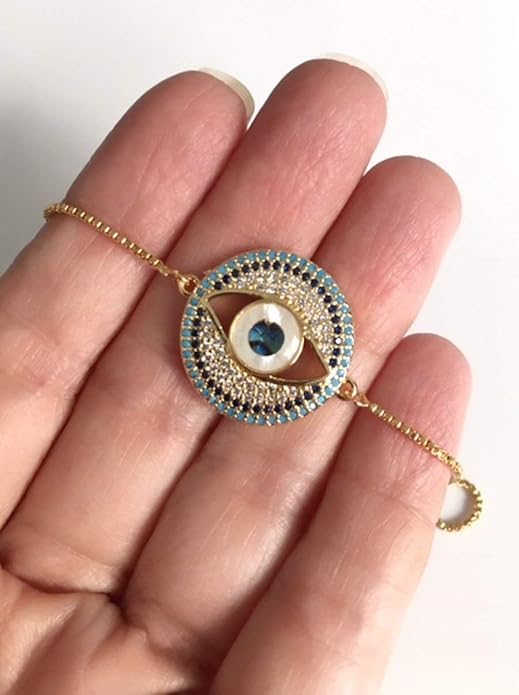 SIFRIMANIA Evil Eye Adjustable Sliding Bead Shiny Bracelet Lucky Charms Jewelry for Women of All Ages