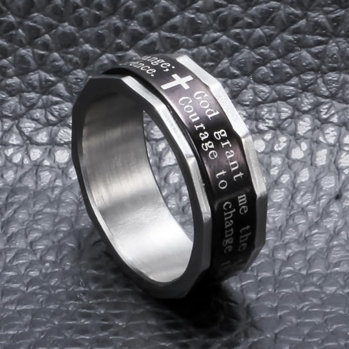 Serenity Prayer Spinner Ring - Titanium Steel Christian Faith Jewelry | Laser Engraved Courage Words, Rotatable Comfort Fit Band for Men Women