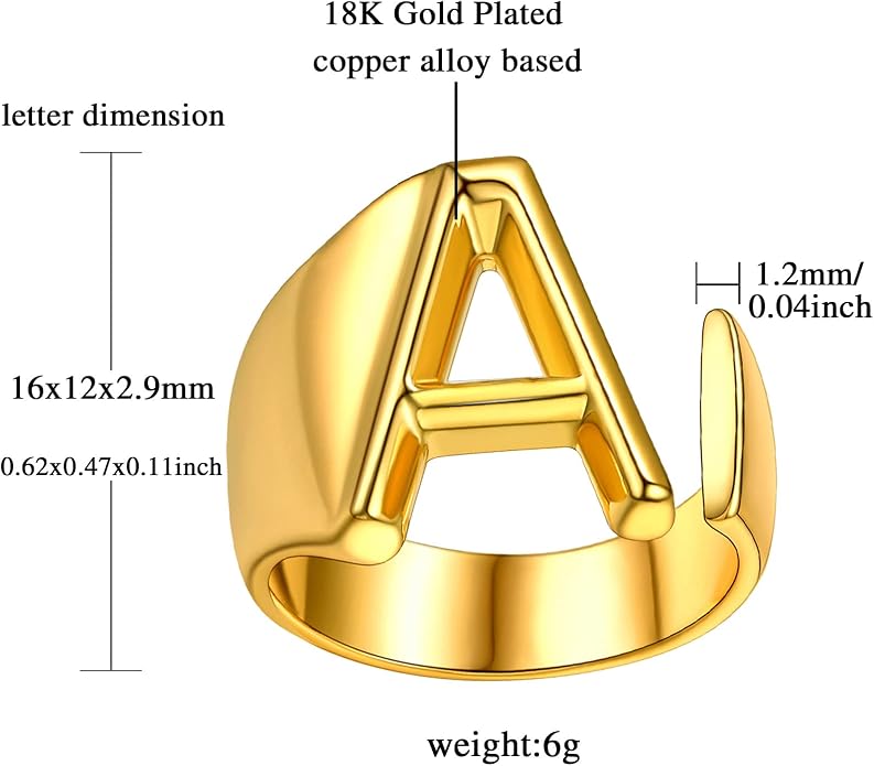 FindChic Customizable Initial Ring Statement 18K Gold Plated Fashion Cuff Rings for Women Alphabet Letter A to Z Resizable Knuckle Ring (with Gift Box)